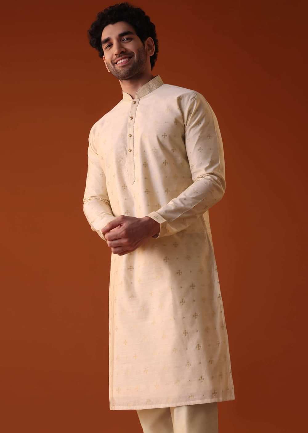 Beige White Kurta Set In Bangalore Art Silk With Zari Work
