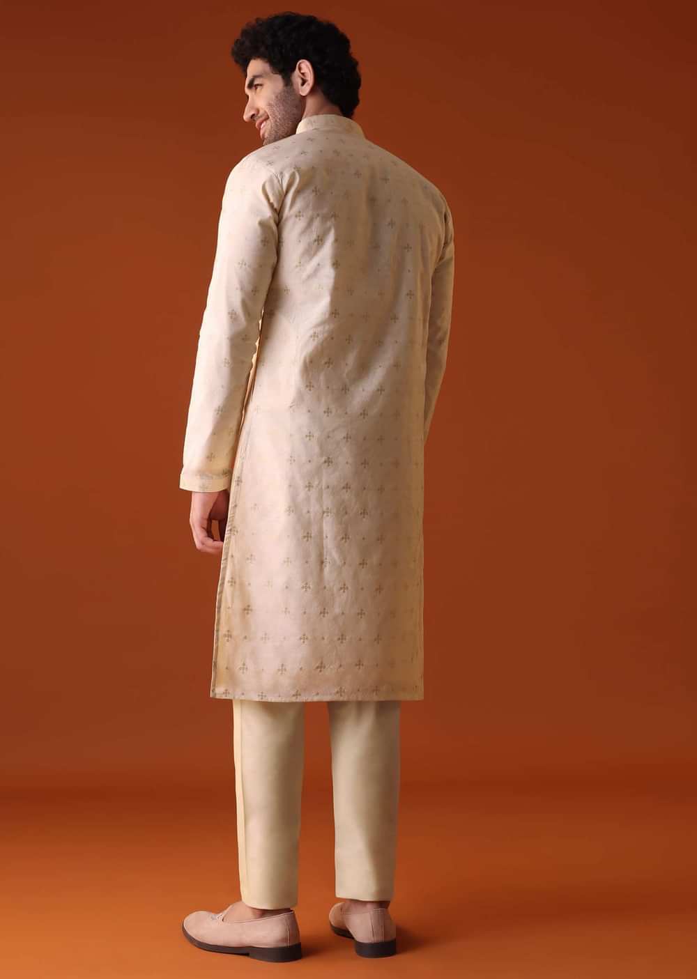 Beige White Kurta Set In Bangalore Art Silk With Zari Work