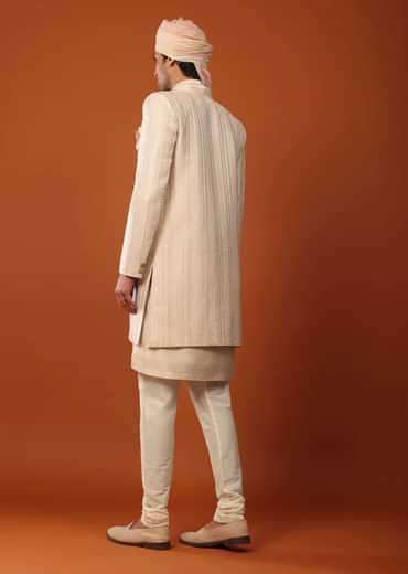 Beige Sherwani With Resham And Mirror Work