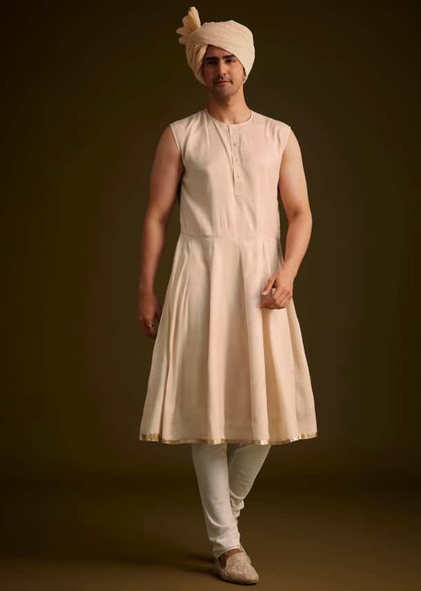 Beige Zardosi Embroidered Sherwani With Dupatta