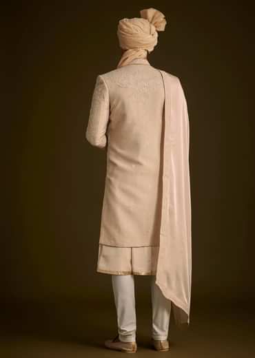 Beige Zardosi Embroidered Sherwani With Dupatta
