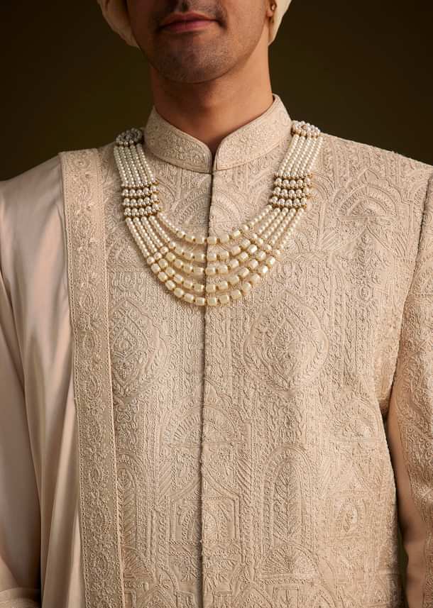 Beige Zardosi Embroidered Sherwani With Dupatta