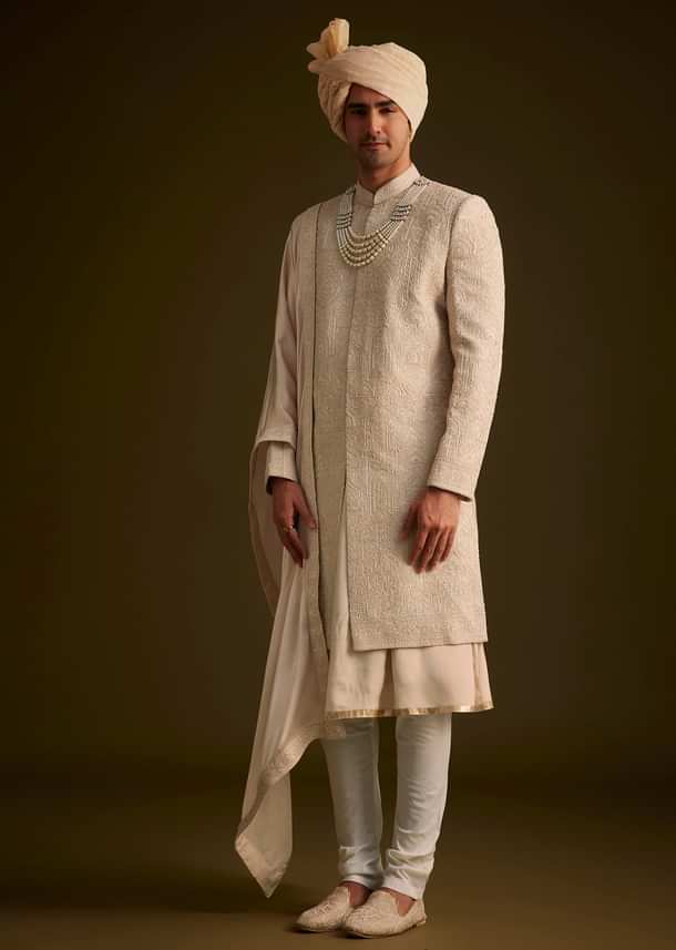Beige Zardosi Embroidered Sherwani With Dupatta