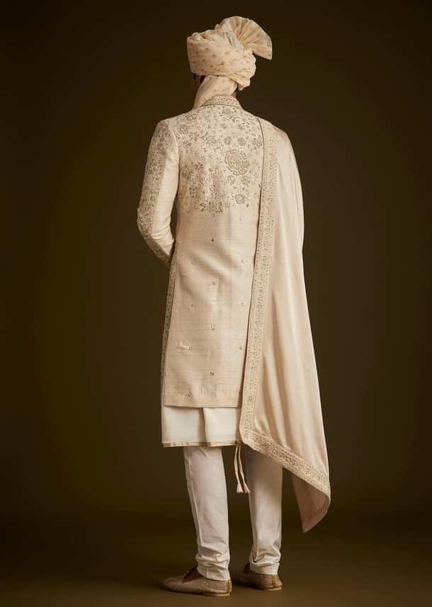 Beige Zardozi Embroidered Sherwani With Matching Dupatta