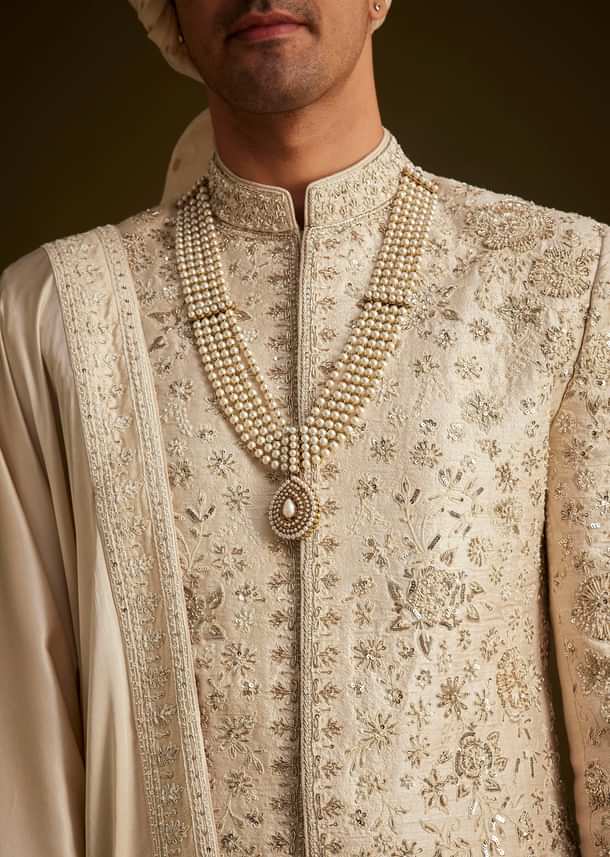 Beige Zardozi Embroidered Sherwani With Matching Dupatta