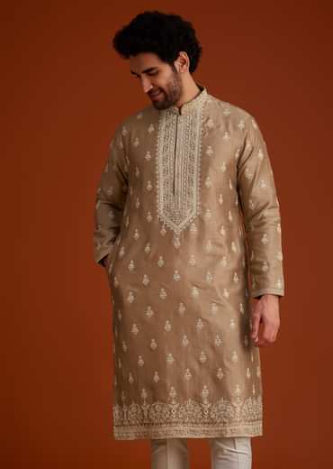 Beige Zari Embroidered Kurta Pajama Set