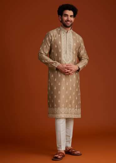 Beige Zari Embroidered Kurta Pajama Set