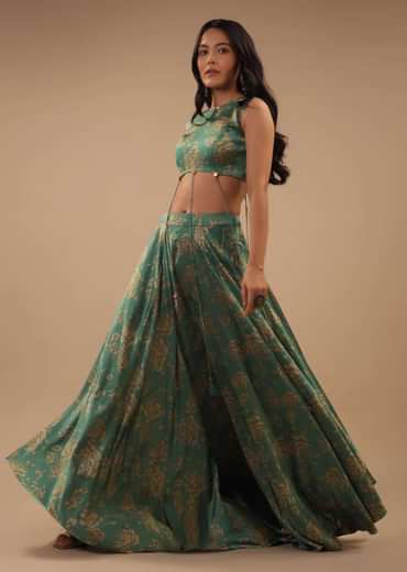 Beryl Green Satin Blouse And Palazzo Pants With Floral Print And Asymmetric Hemline