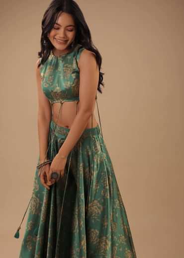 Beryl Green Satin Blouse And Palazzo Pants With Floral Print And Asymmetric Hemline