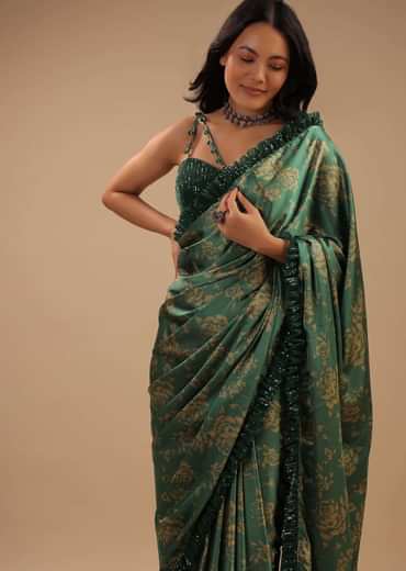 Beryl Green Satin Saree With Floral Print And Sequin Frill On The Border