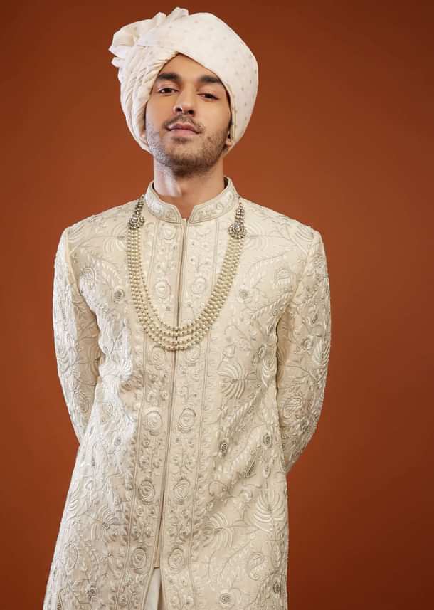 Cream White Embroidered Sherwani Set In Tussar Silk
