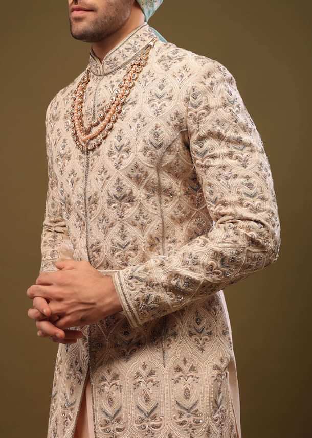 Champagne Brown Embroidered Silk Sherwani Set