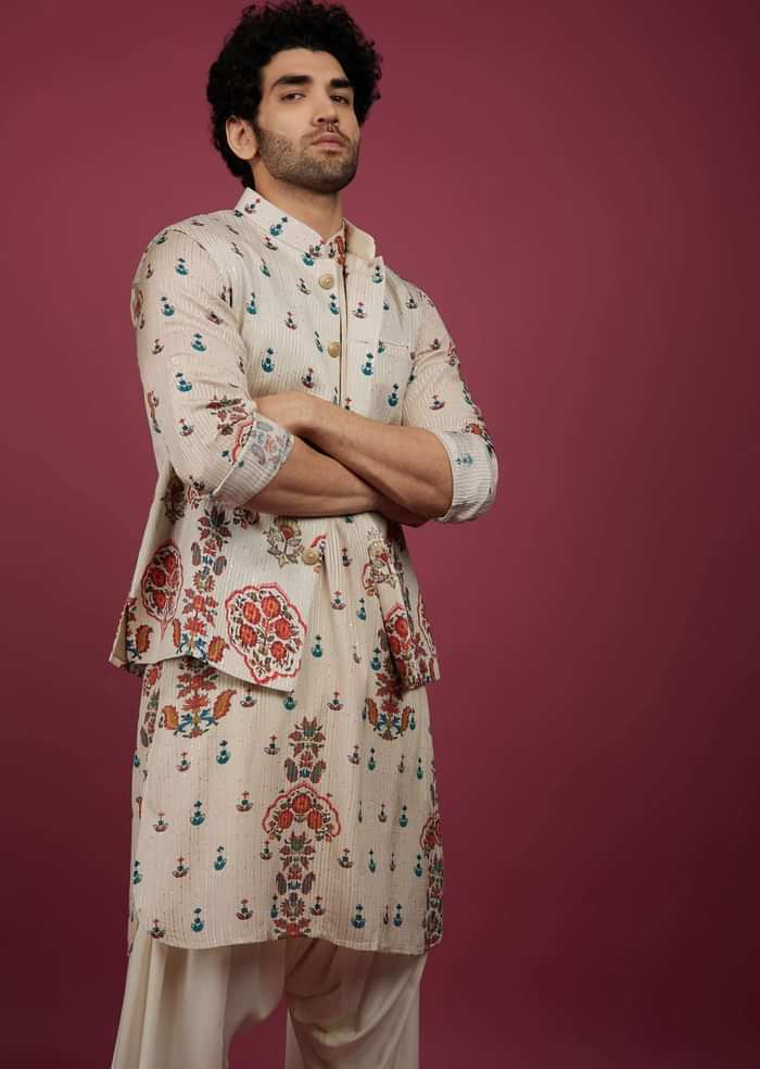 Off White Silk Printed Kurta Set with Jacket in Sequin And Zari Work