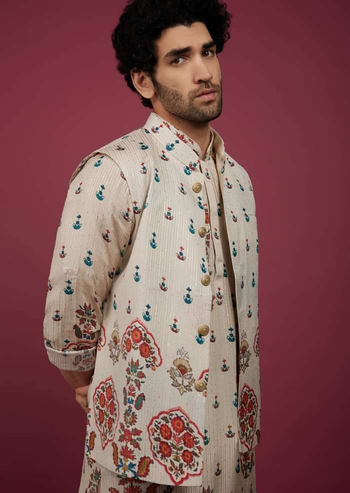 Off White Silk Printed Kurta Set with Jacket in Sequin And Zari Work