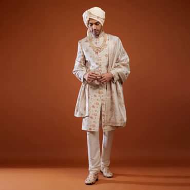 Beige White Thread Embroidered Tussar Silk Sherwani Set