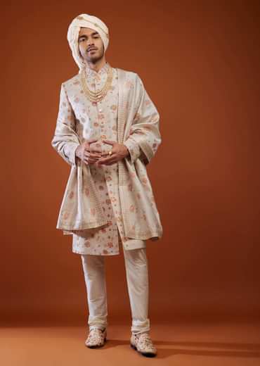 Beige White Thread Embroidered Tussar Silk Sherwani Set