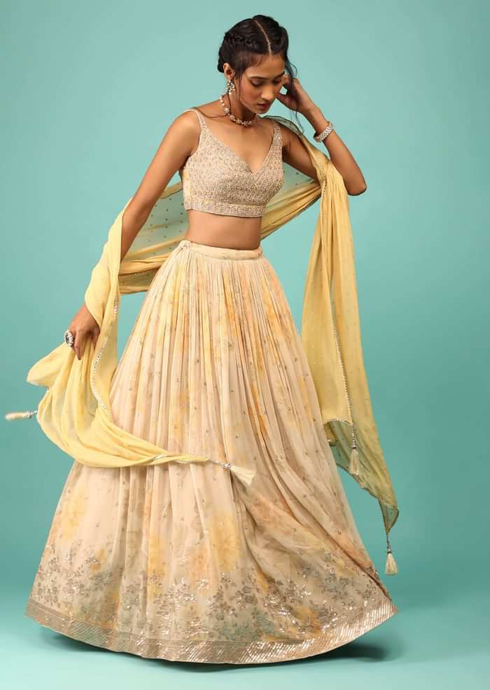 Canary Yellow Lehenga In Georgette With Floral Print And Embroidery