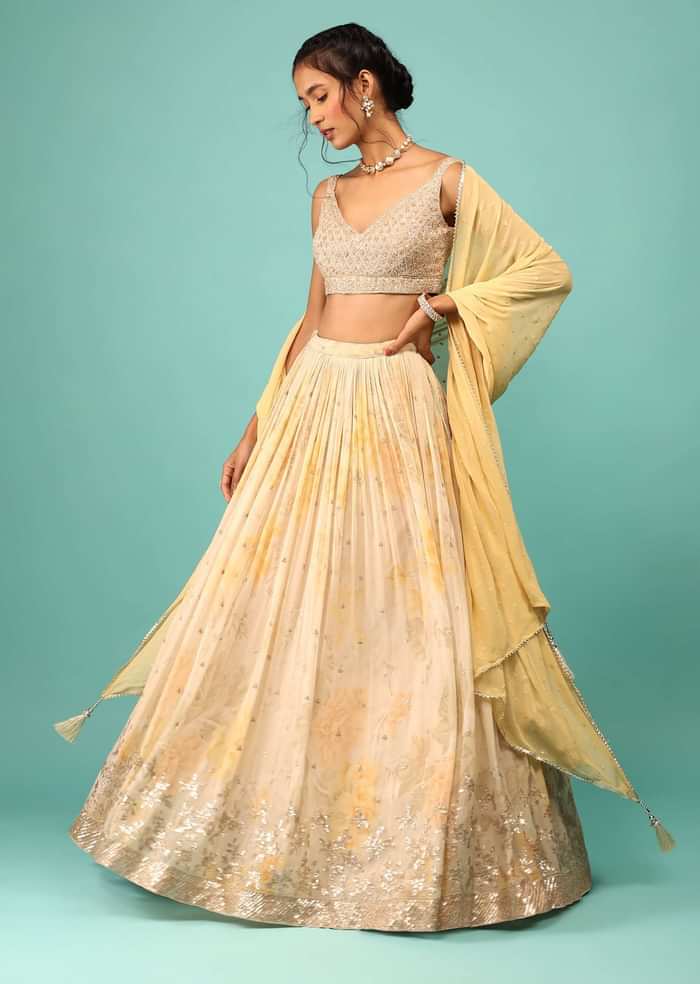 Canary Yellow Lehenga In Georgette With Floral Print And Embroidery