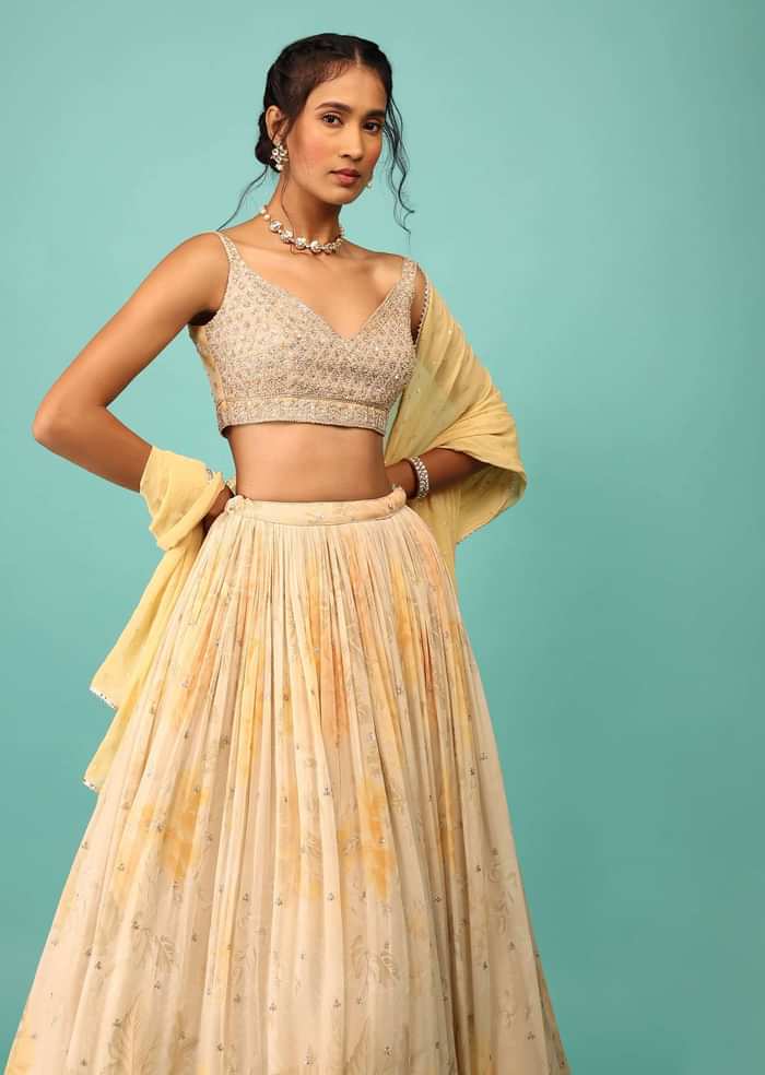 Canary Yellow Lehenga In Georgette With Floral Print And Embroidery