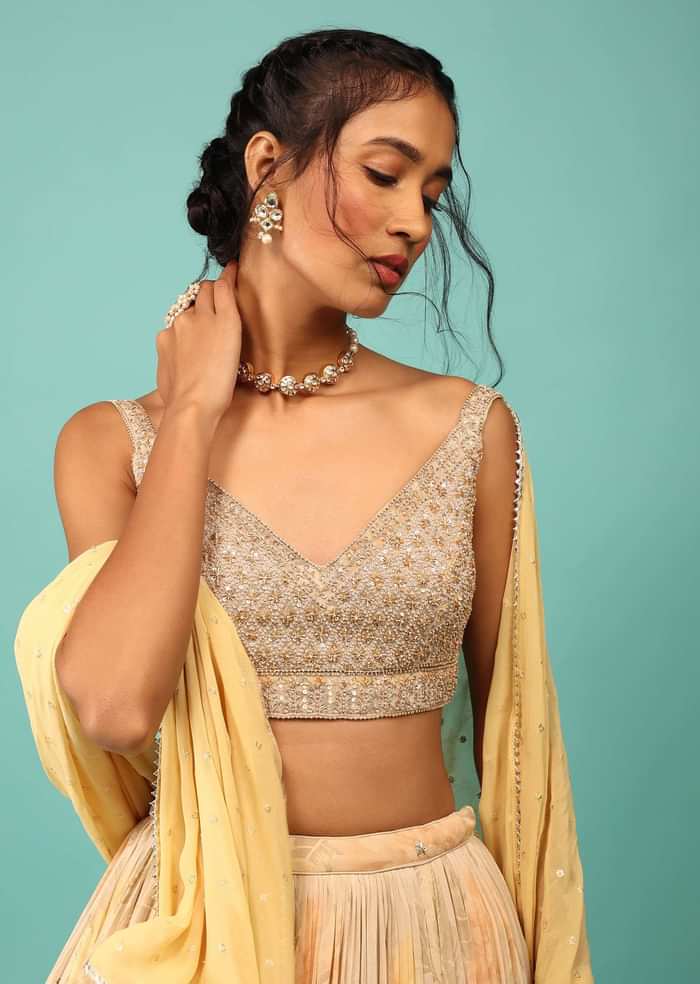 Canary Yellow Lehenga In Georgette With Floral Print And Embroidery