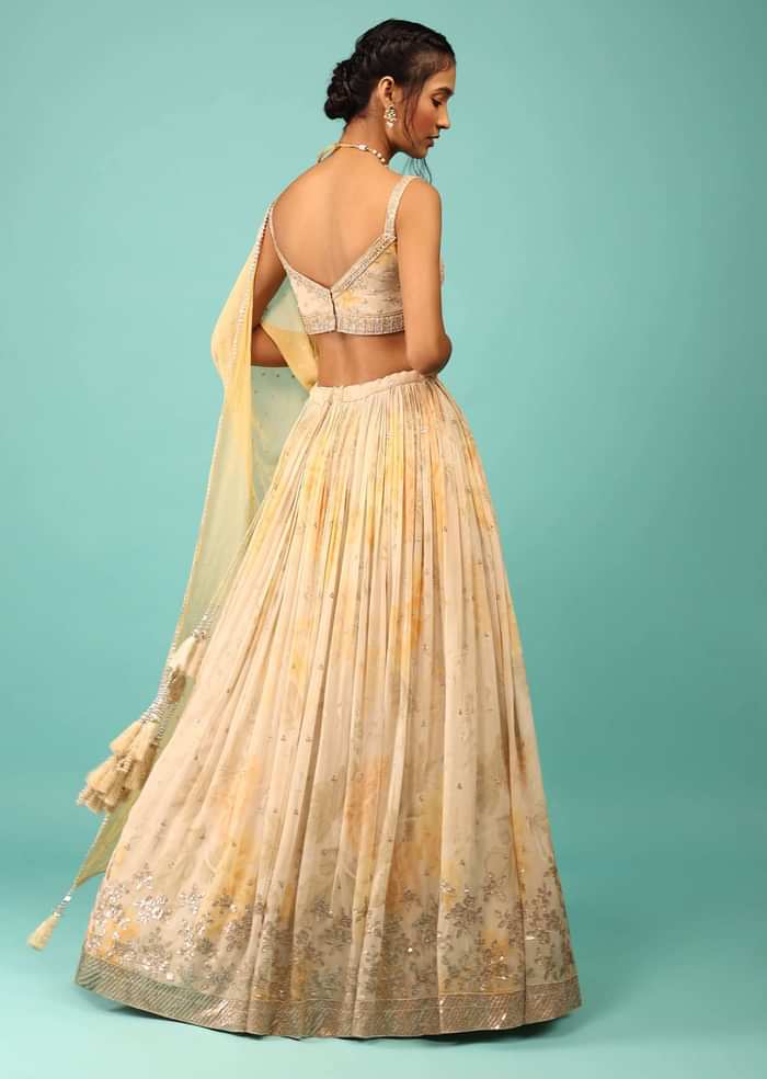 Canary Yellow Lehenga In Georgette With Floral Print And Embroidery