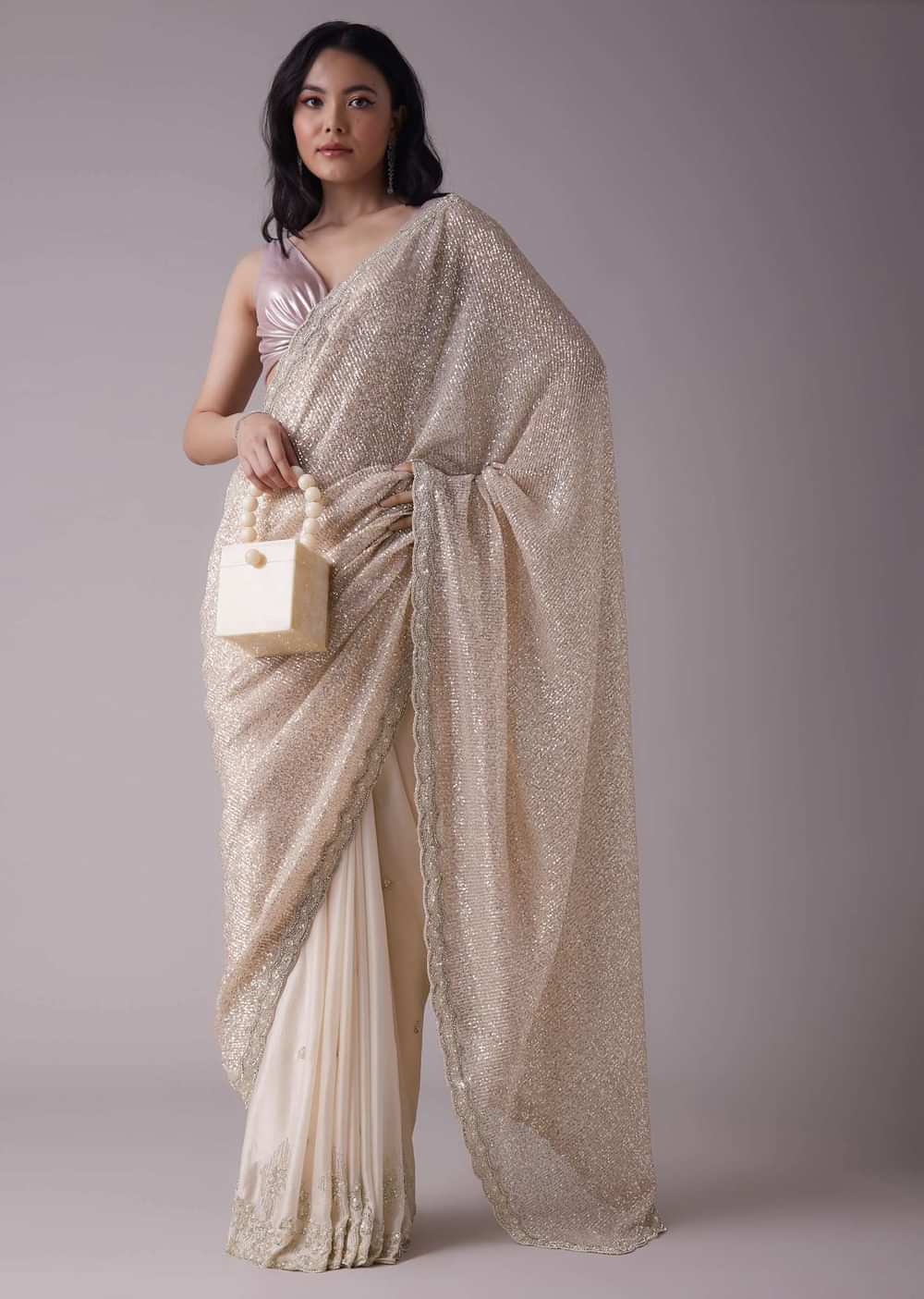 Salmon Pink Sequins Saree With An Embellished Border