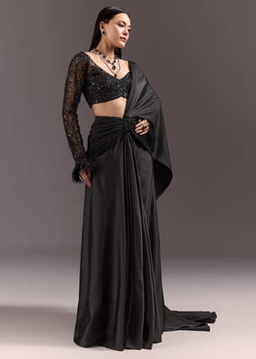 Black 3D Patchwork Cutdana Drape Saree With Sleeveless Overlap Blouse