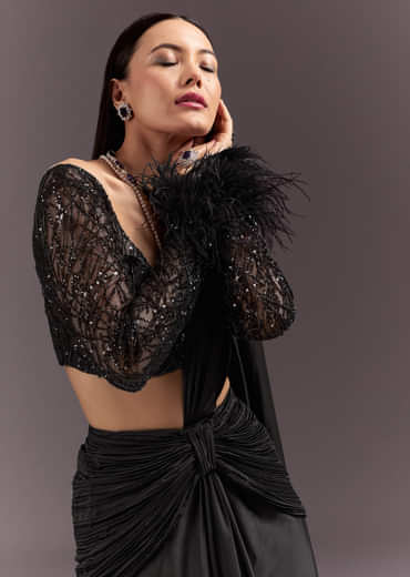 Black 3D Patchwork Cutdana Drape Saree With Sleeveless Overlap Blouse