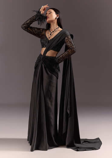 Black 3D Patchwork Cutdana Drape Saree With Sleeveless Overlap Blouse