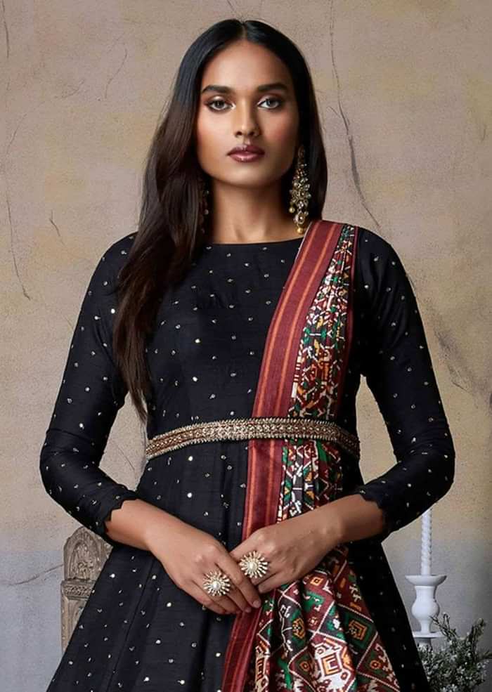 Black Anarkali Suit In Cotton Silk With Sequins And Zari Buttis All Over