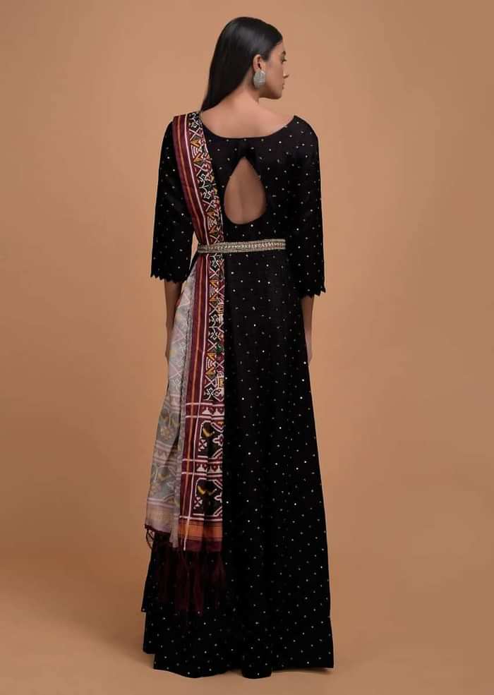 Black Anarkali Suit In Cotton Silk With Sequins And Zari Buttis All Over