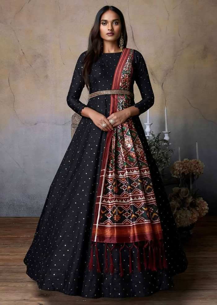 Black Anarkali Suit In Cotton Silk With Sequins And Zari Buttis All Over