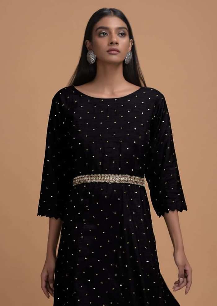 Black Anarkali Suit In Cotton Silk With Sequins And Zari Buttis All Over