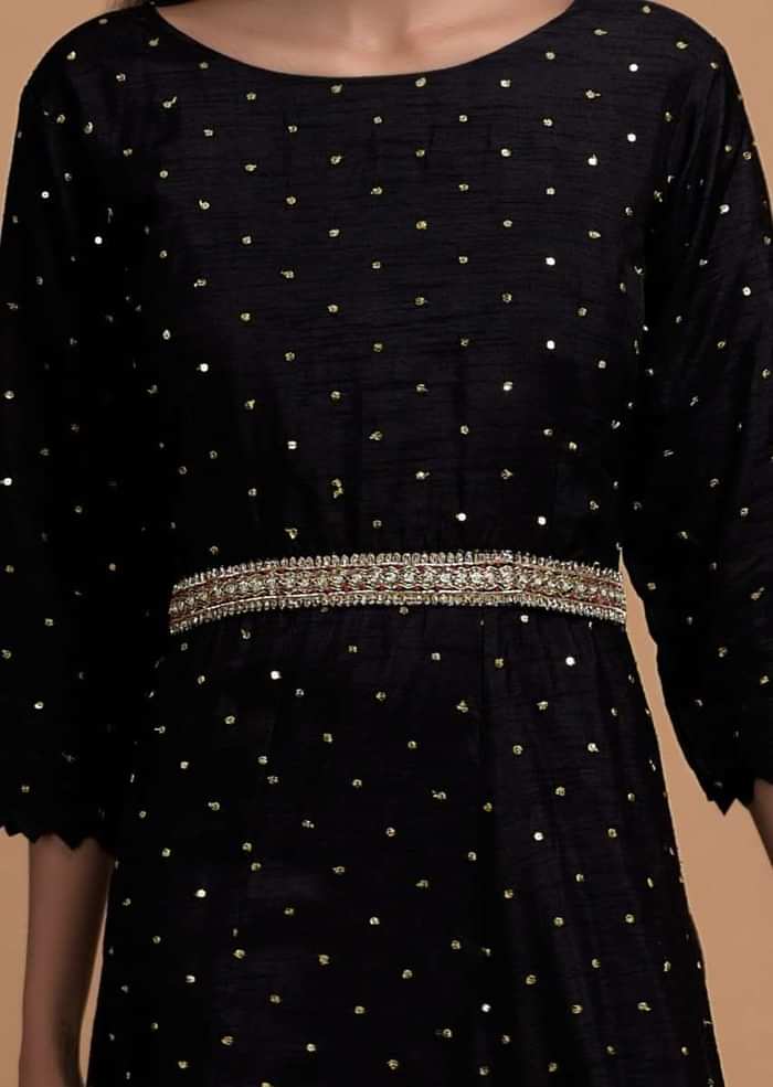 Black Anarkali Suit In Cotton Silk With Sequins And Zari Buttis All Over