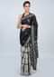 Black and cream shaded half and half tussar silk saree in batik print and thread embroidery only on kalki