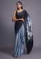 Black And Grey Shaded Saree In Satin Blend With Printed Floral Motifs And Kundan Accents Online - Kalki Fashion