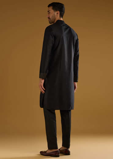Black Banarasi Silk Kurta Set For Men With Cutdana Work