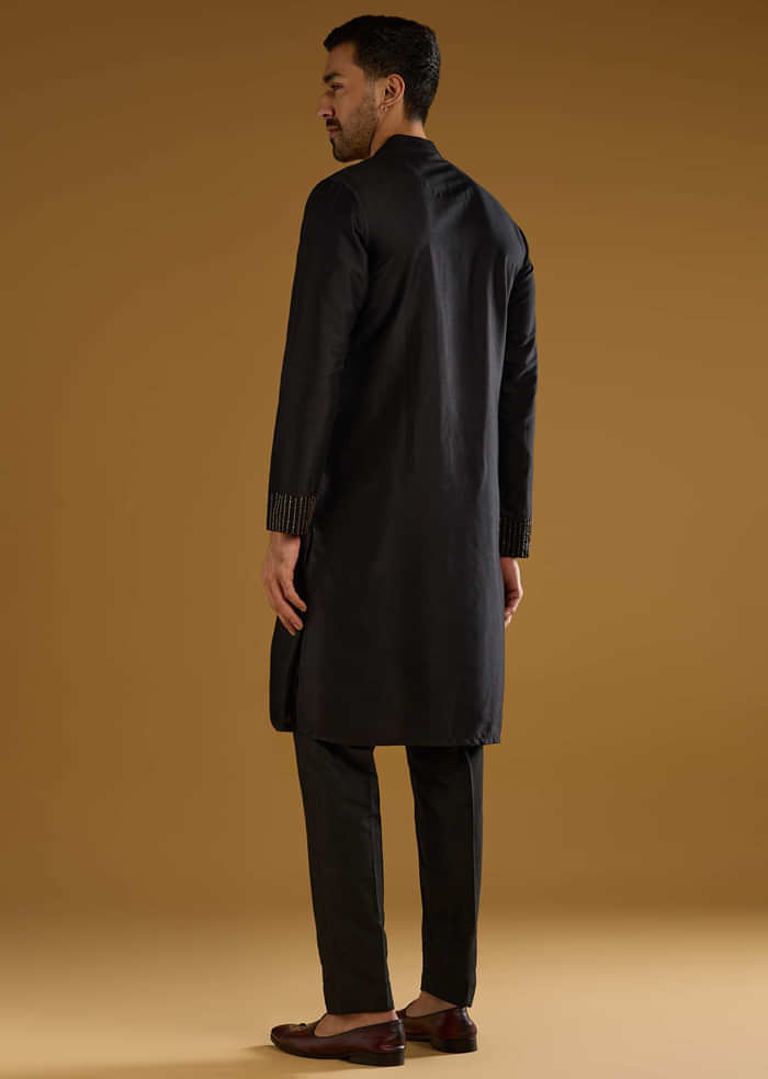 Black Banarasi Silk Kurta Set For Men With Cutdana Work