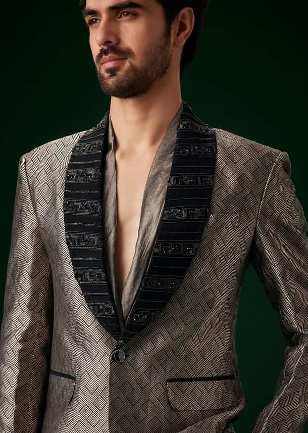 Black Banarasi Silk Tuxedo With Cut Dana And Crystal Embroidery