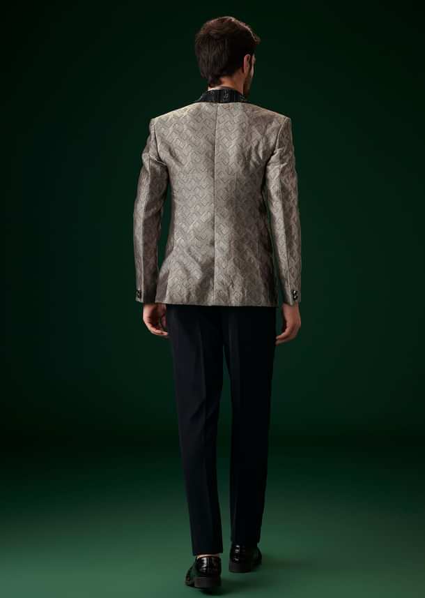 Black Banarasi Silk Tuxedo With Cut Dana And Crystal Embroidery