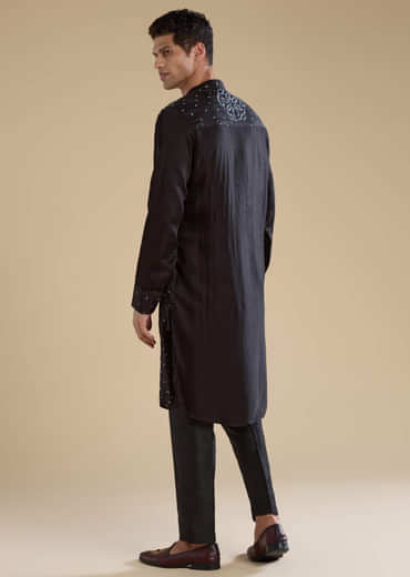 Black Bandhani Silk Mens Kurta and Pant Set