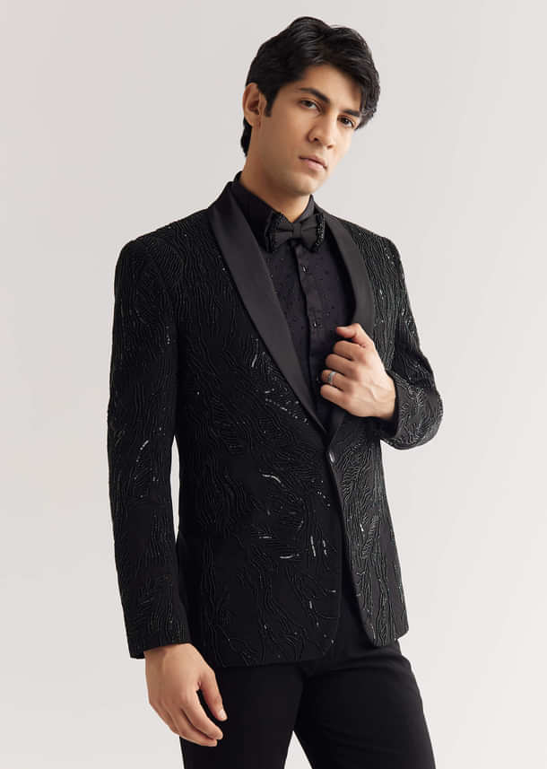 Black Beads And Sequin Embroidered Tuxedo Suit Black Beads And Sequin Embroidered Tuxedo Suit