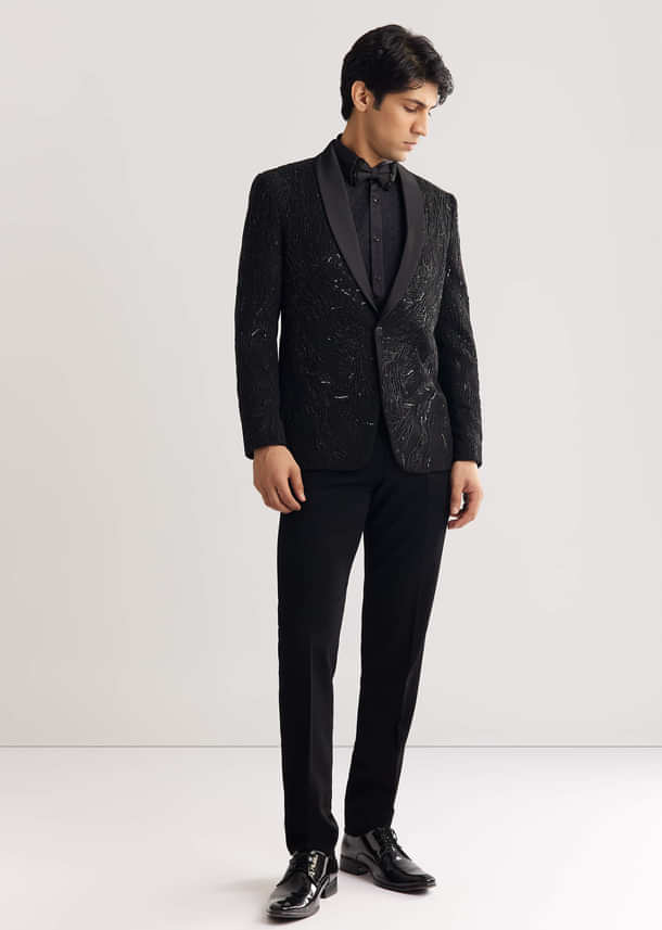 Black Beads And Sequin Embroidered Tuxedo Suit Black Beads And Sequin Embroidered Tuxedo Suit