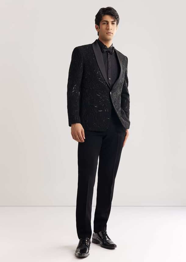 Black Beads And Sequin Embroidered Tuxedo Suit Black Beads And Sequin Embroidered Tuxedo Suit