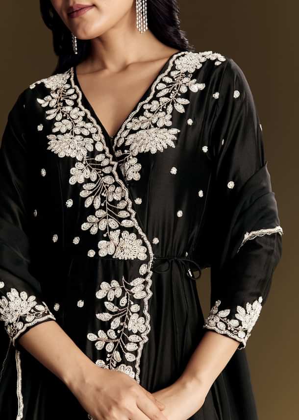 Black Chanderi Anarkali Suit With Moti And Sequins Work
