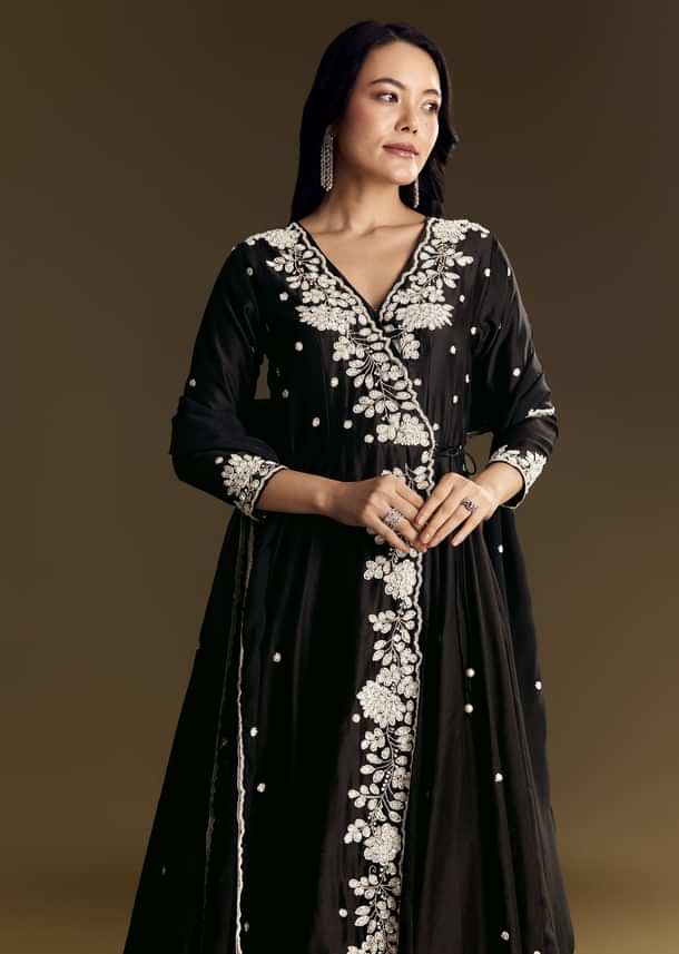 Black Chanderi Anarkali Suit With Moti And Sequins Work