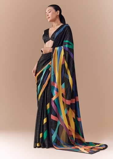 Black Checkered Printed Saree with Blouse Fabric
