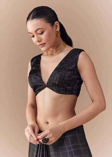 Black Checkered Printed Saree with Blouse Fabric