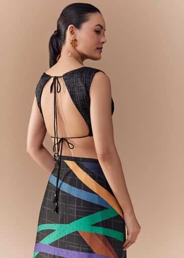 Black Checkered Printed Saree with Blouse Fabric