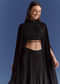 Black Chinon Cape Set With Embroidered Croptop And Skirt